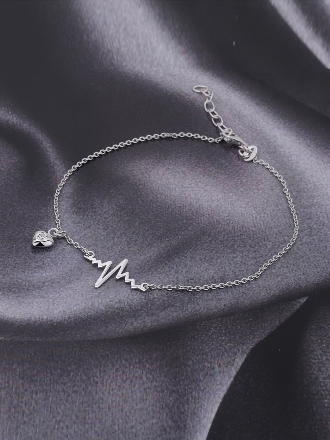 VANBELLE Rhodium-Plated 925 Sterling Silver Heart Beat -Shaped Anklet