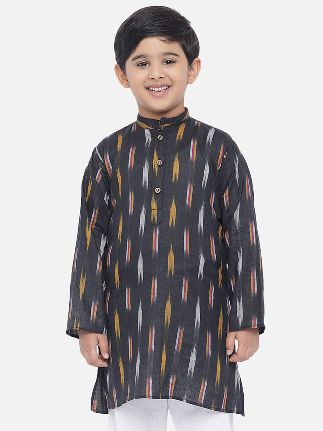 Vastraa Fusion Unisex Kids Black & Yellow Ethnic Motifs Printed Ikkat Cotton Kurta