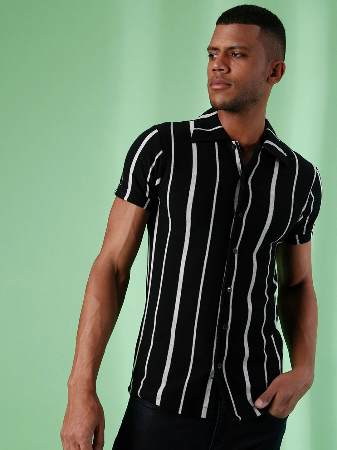 Campus Sutra Men Black Opaque Striped Casual Slim Fit Shirt
