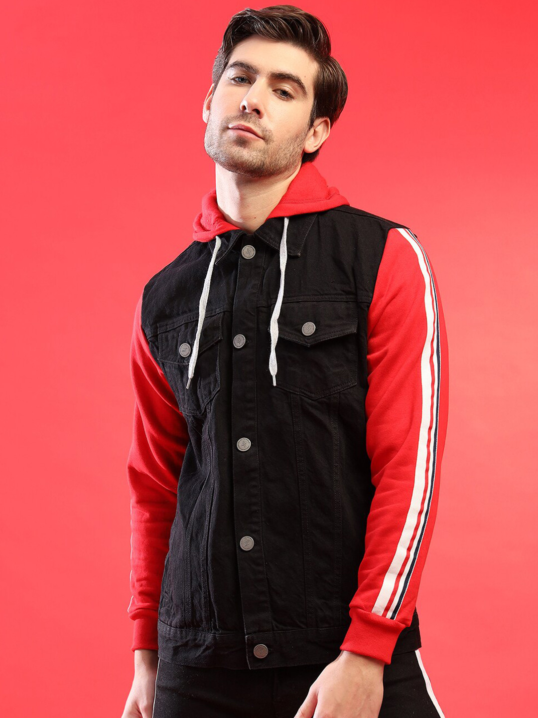 Campus Sutra Men Black Red Colourblocked Lightweight Denim Jacket