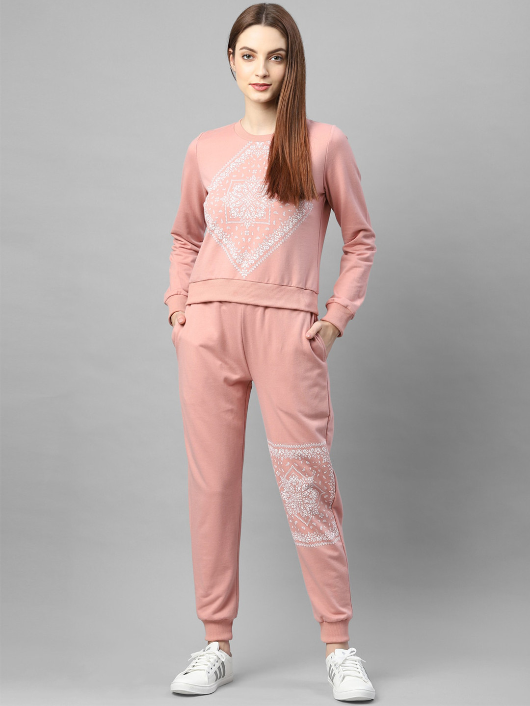 Rigo Women Peach-Coloured & White Slim-Fit Printed Tracksuit