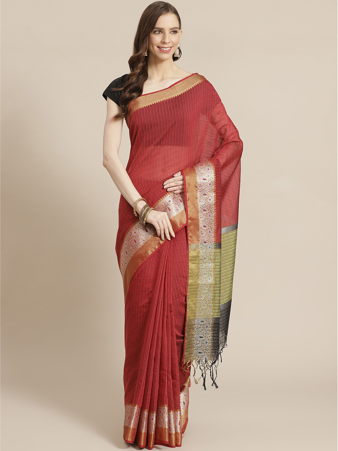 Saranee Maroon & Grey Striped Banarasi Saree
