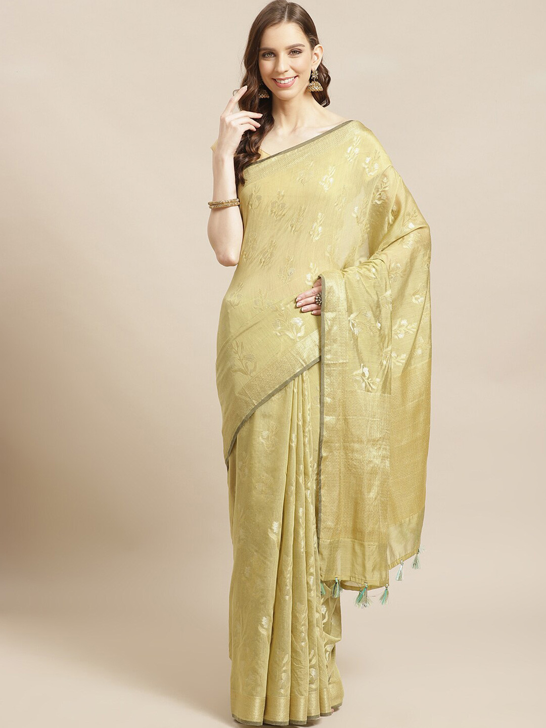 Indethnic Olive Green & Gold-Coloured Ethnic Motifs Zari Banarasi Saree