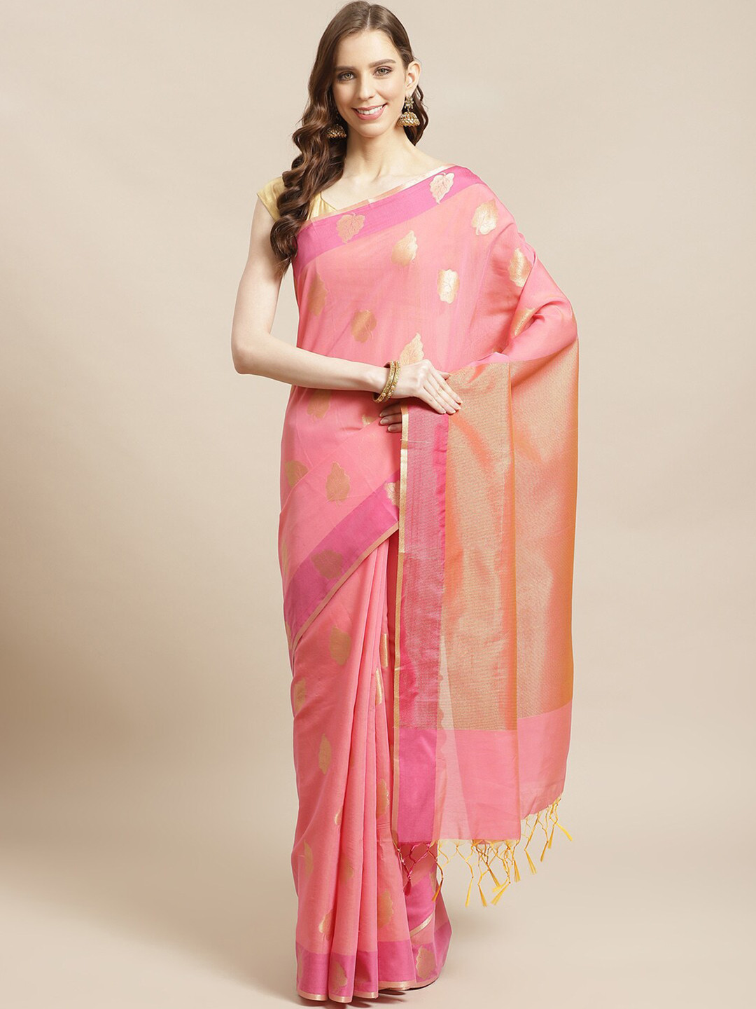 Saranee Fuchsia & Gold-Coloured Ethnic Motifs Zari Banarasi Saree