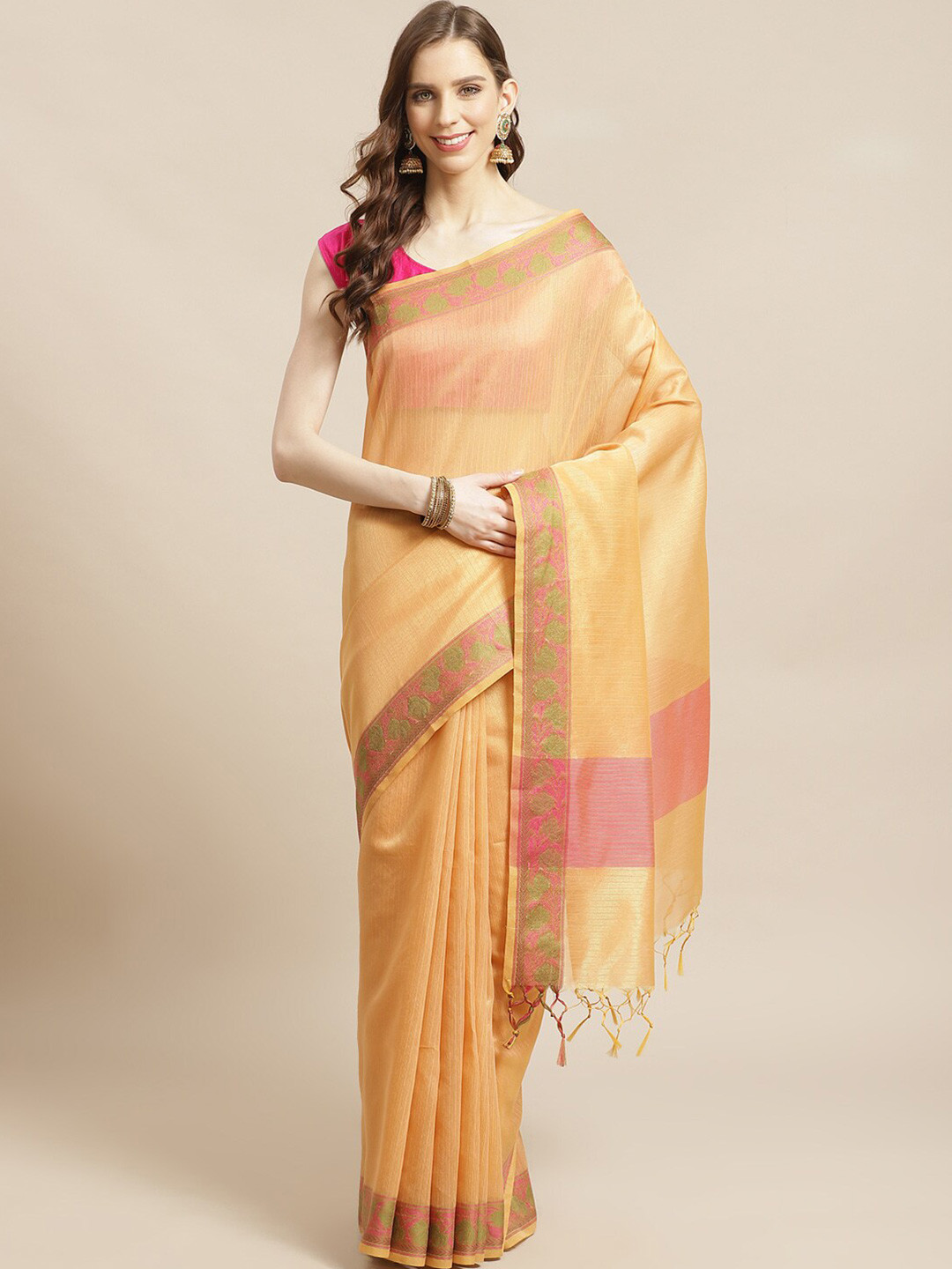 Saranee Peach-Coloured & Pink Striped Banarasi Saree