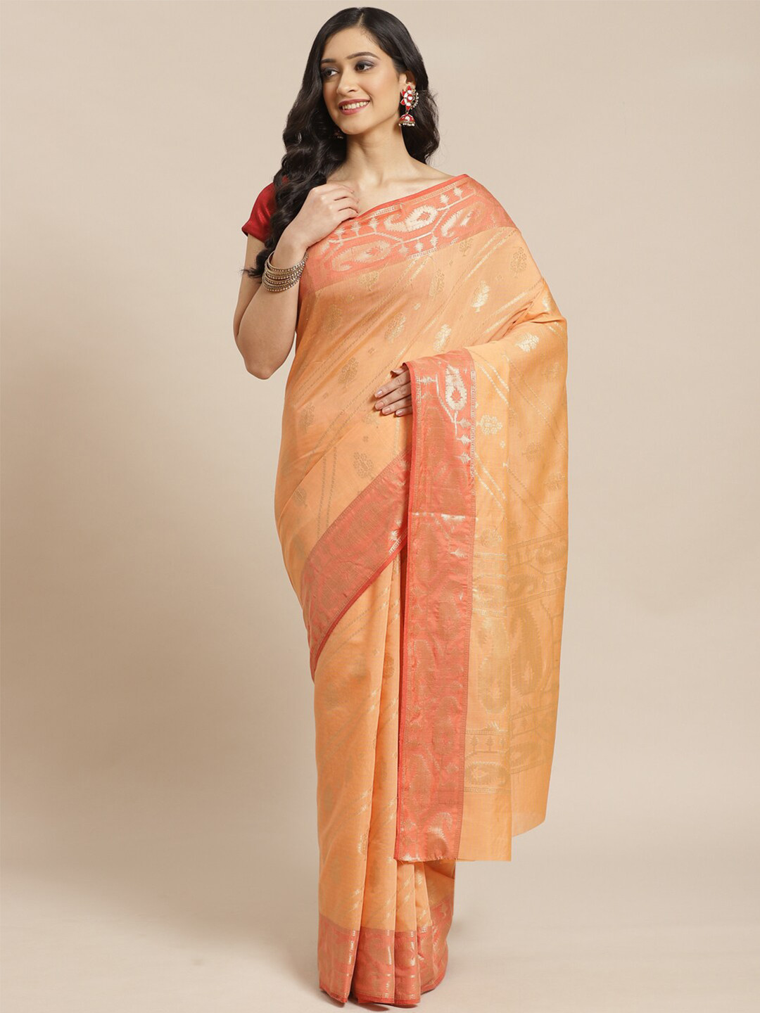 Indethnic Peach-Coloured & Orange Woven Design Banarasi Saree