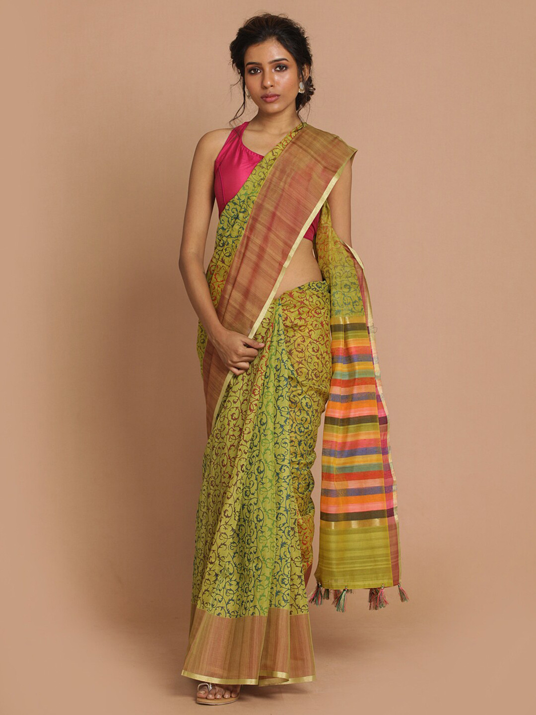 Indethnic Green & Maroon Floral Zari Banarasi Saree