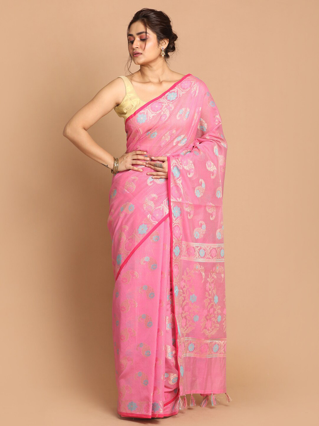 Saranee Pink & Blue Paisley Woven Design Liva Saree