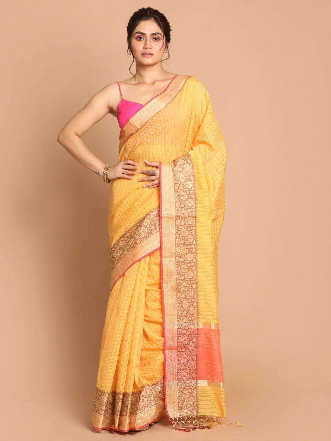 Indethnic Yellow & Tan Striped Zari Banarasi Saree