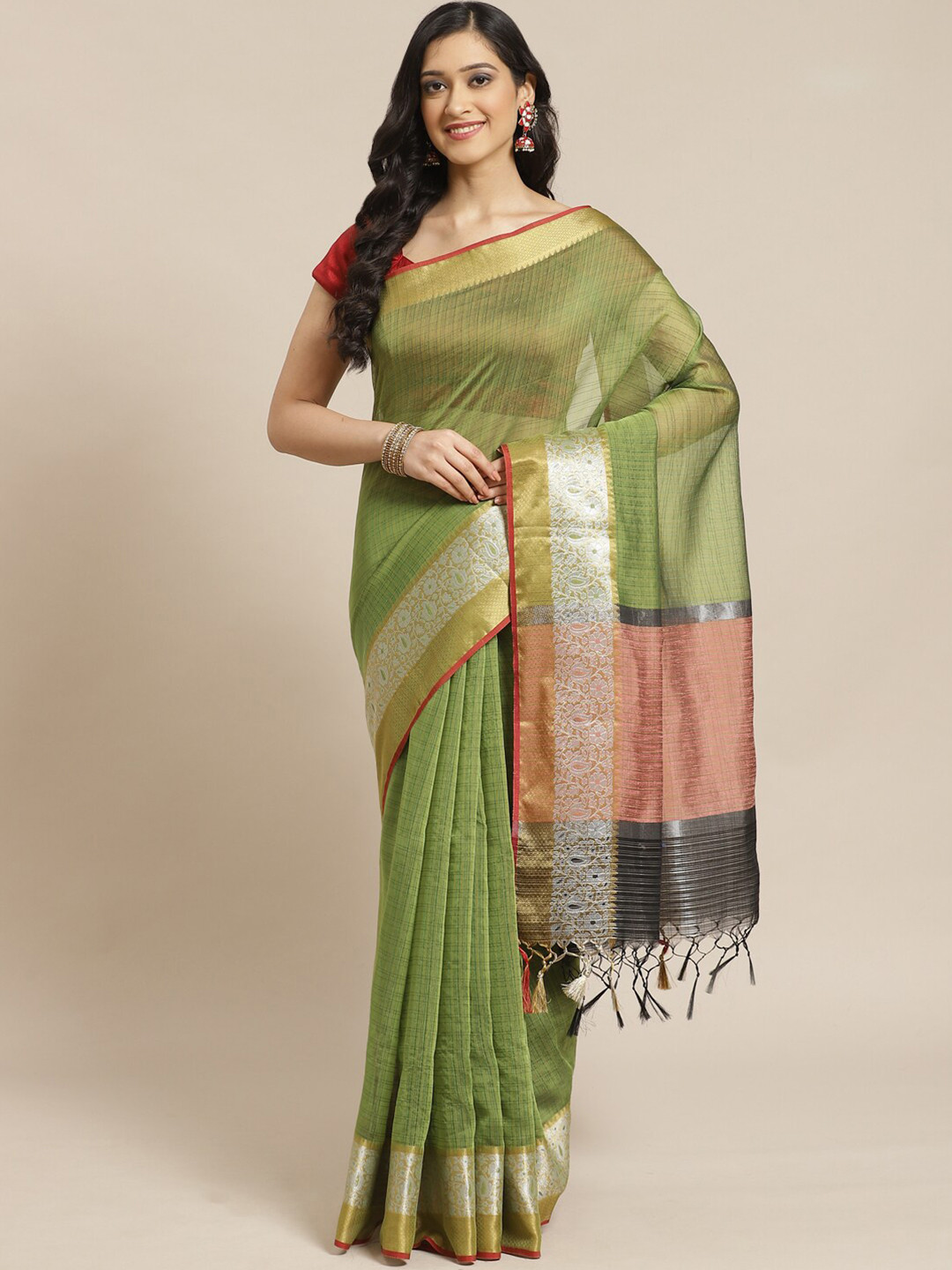 Saranee Green & Rust Striped Banarasi Saree