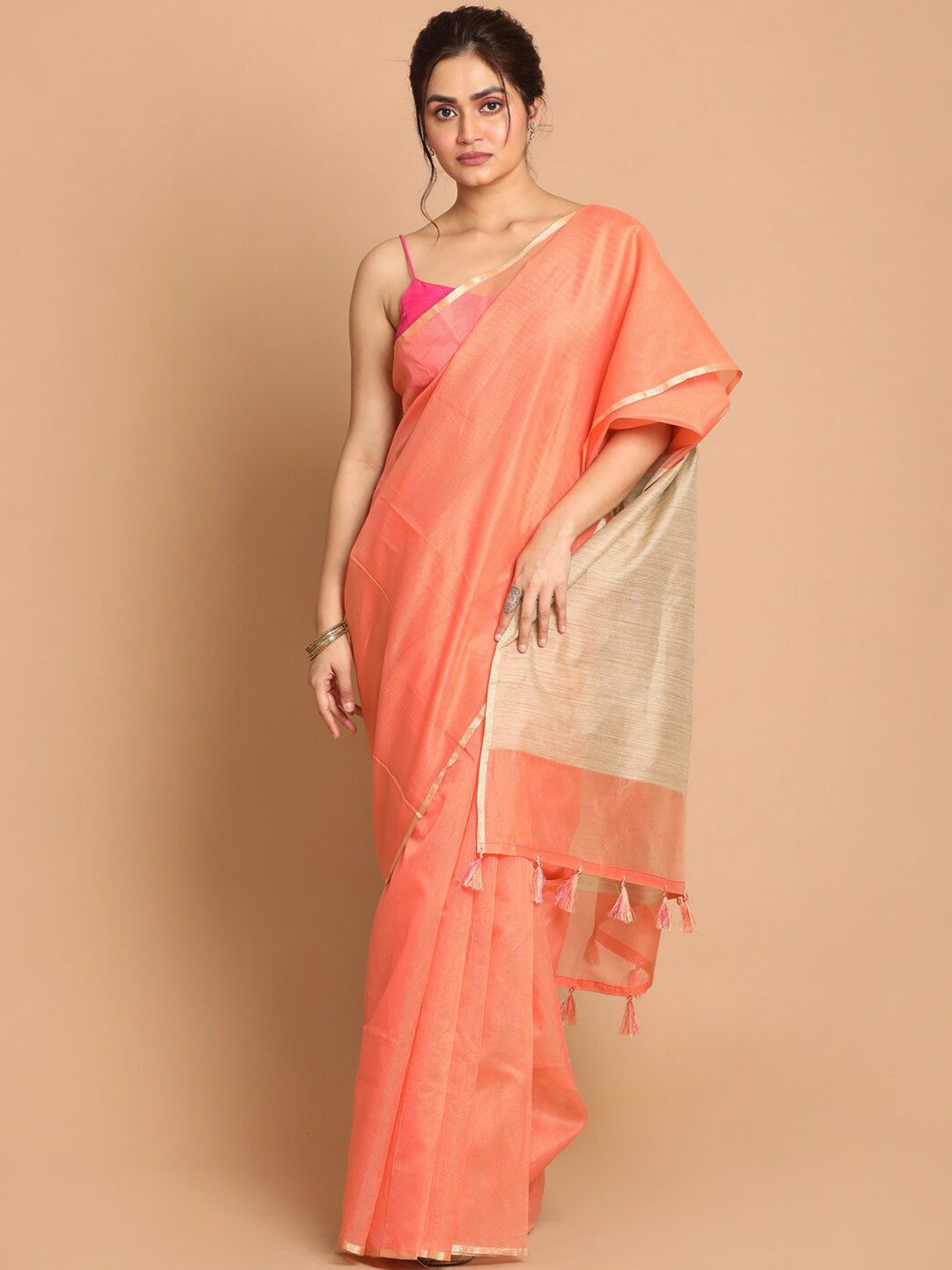 Saranee Coral & Gold-Coloured Zari Banarasi Saree