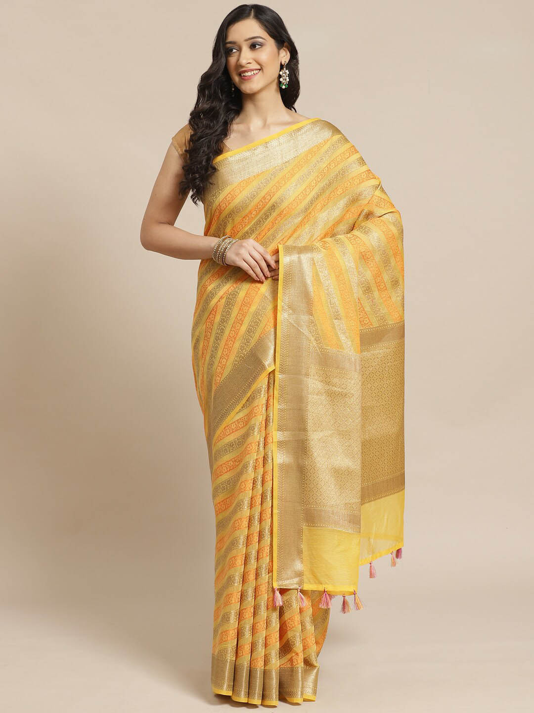 Saranee Yellow & Gold-Toned Striped Woven Design Banarasi Saree