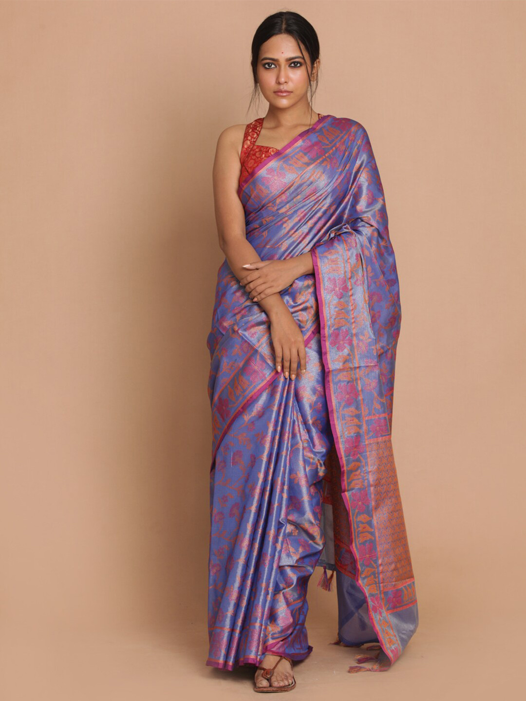 Indethnic Blue & Magenta Floral Banarasi Saree