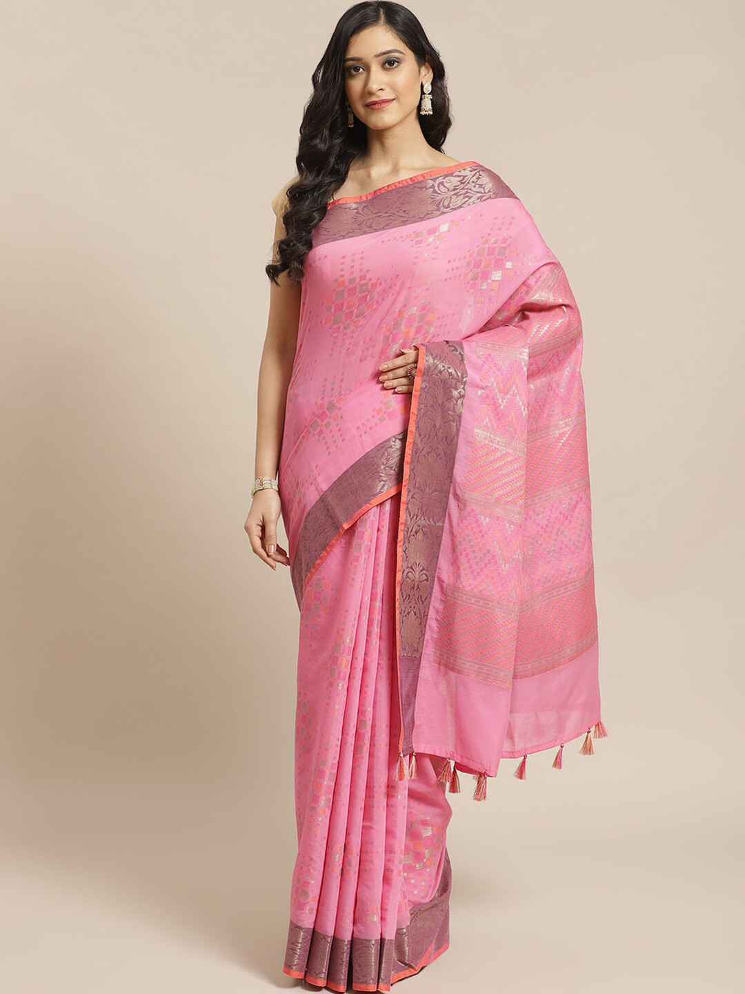 Indethnic Fuchsia & Purple Zari Banarasi Saree