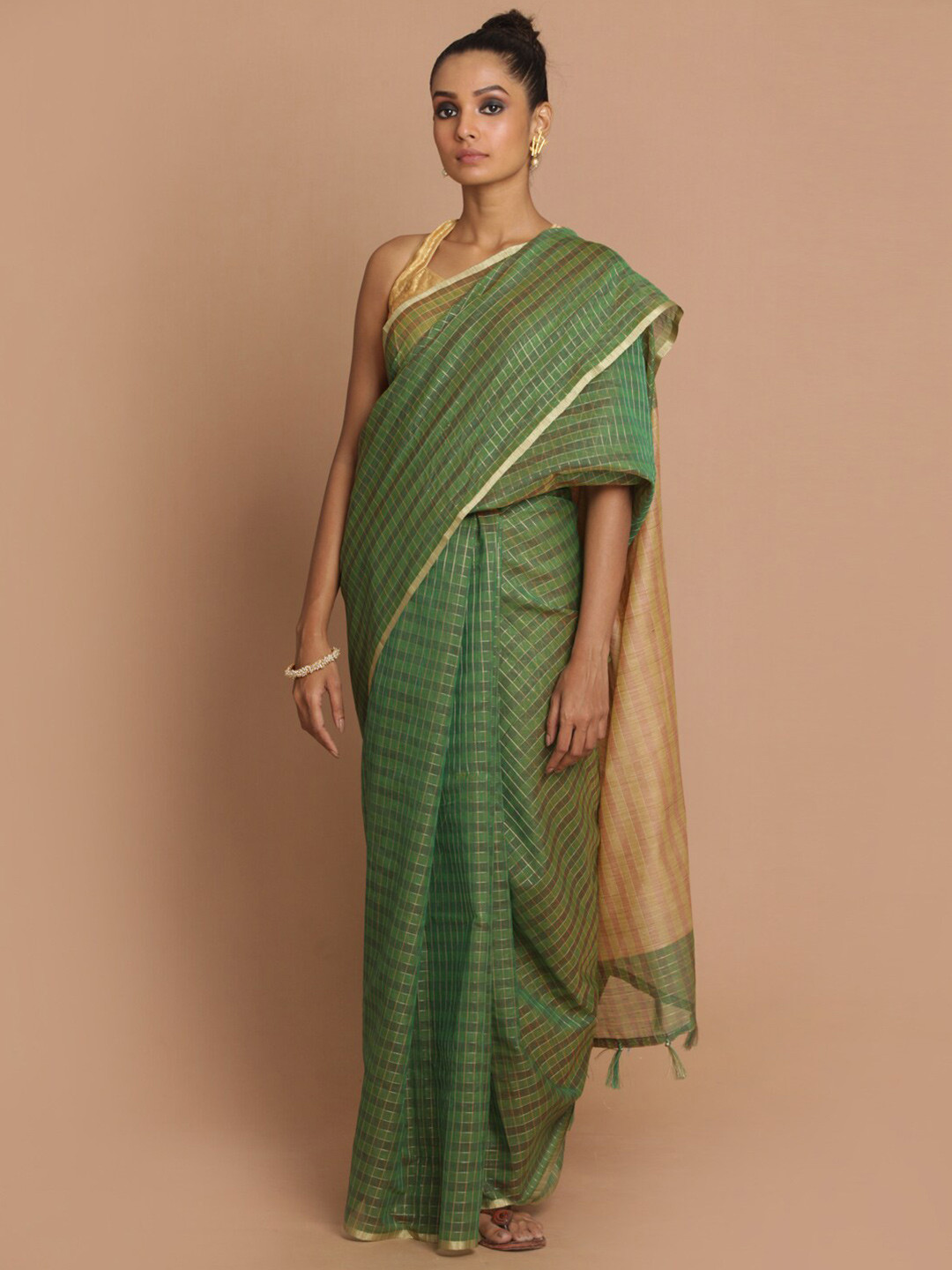 Saranee Green Checked Polyester Saree