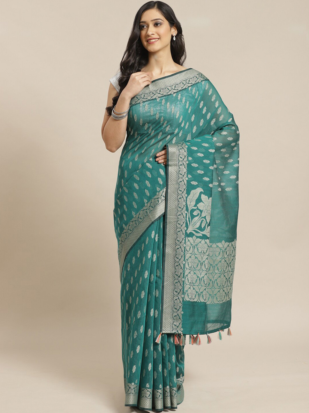 Saranee Teal & Cream-Coloured Ethnic Motifs Banarasi Saree
