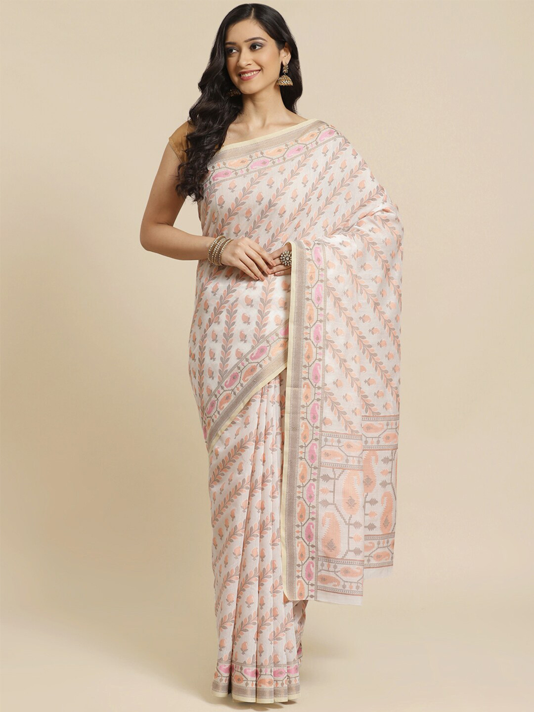 Saranee White & Pink Floral Banarasi Saree