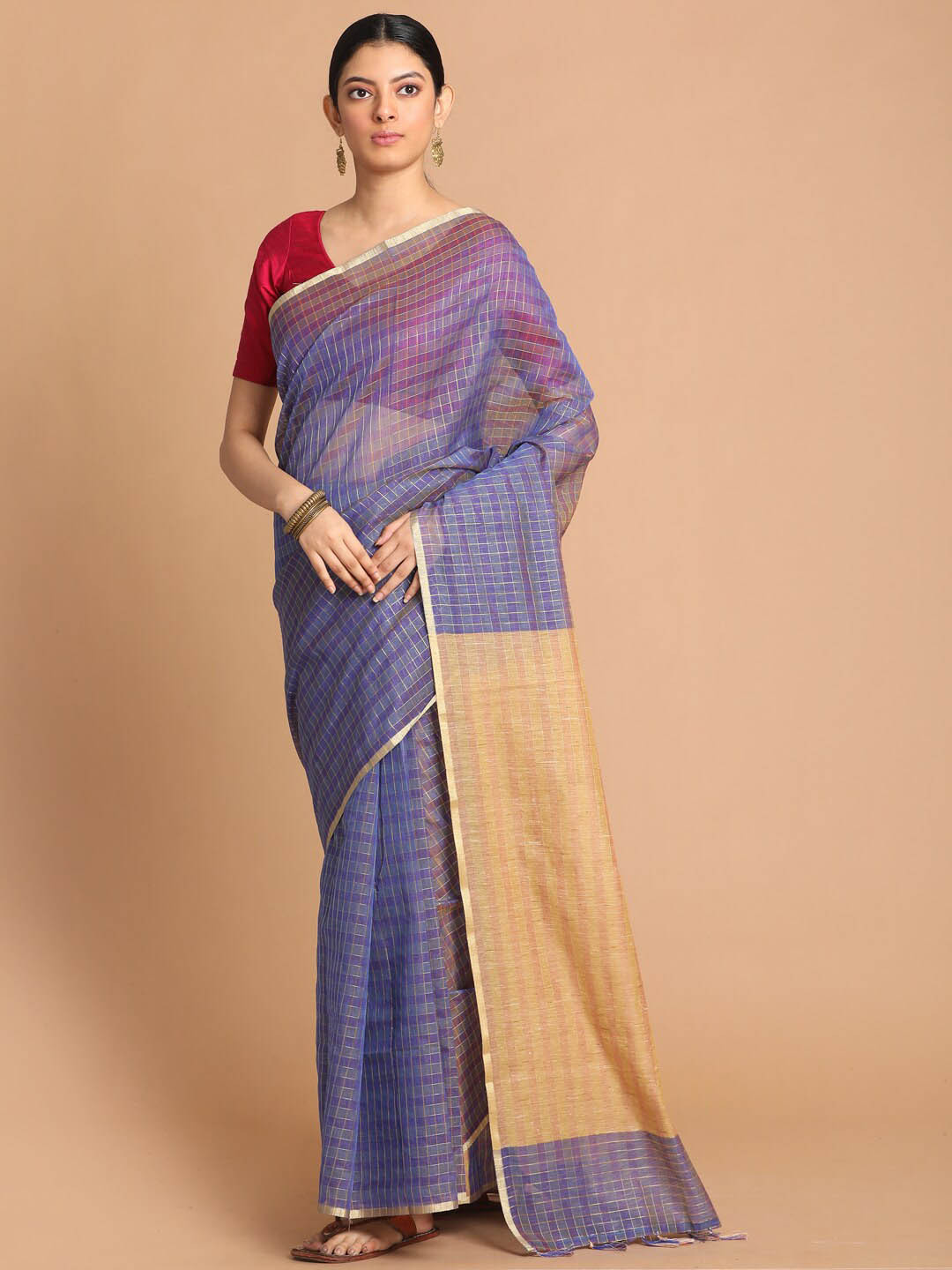 Saranee Blue & Gold Checked Zari Banarasi Saree