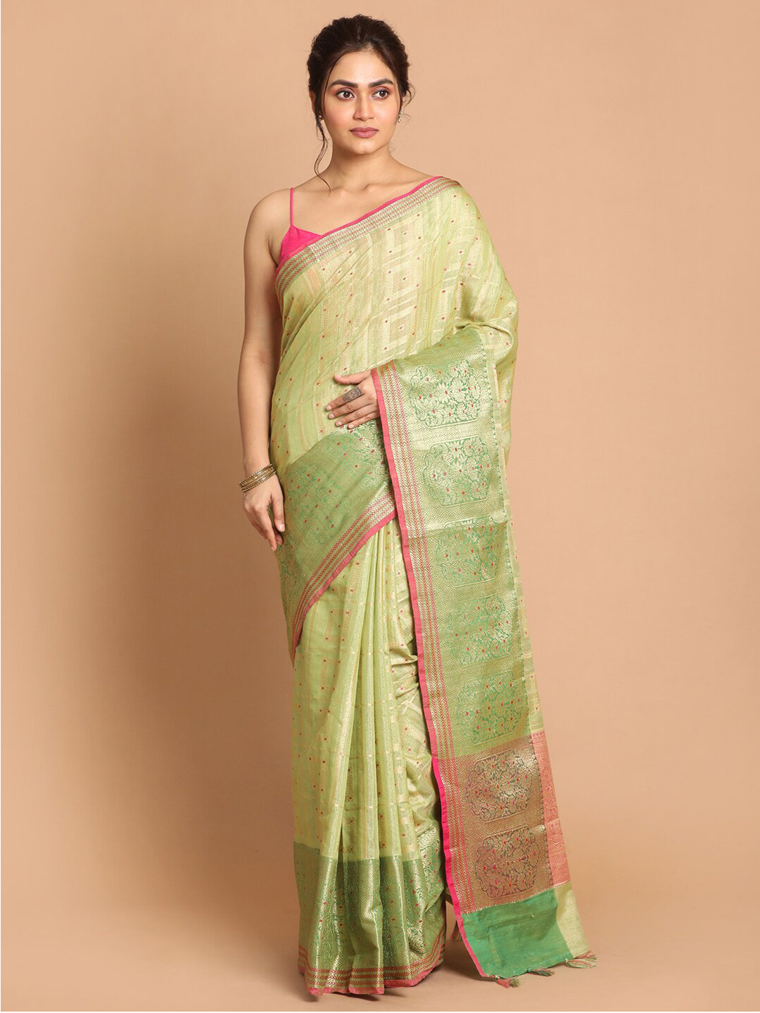 Indethnic Lime Green & Magenta Ethnic Motifs Zari Banarasi Saree