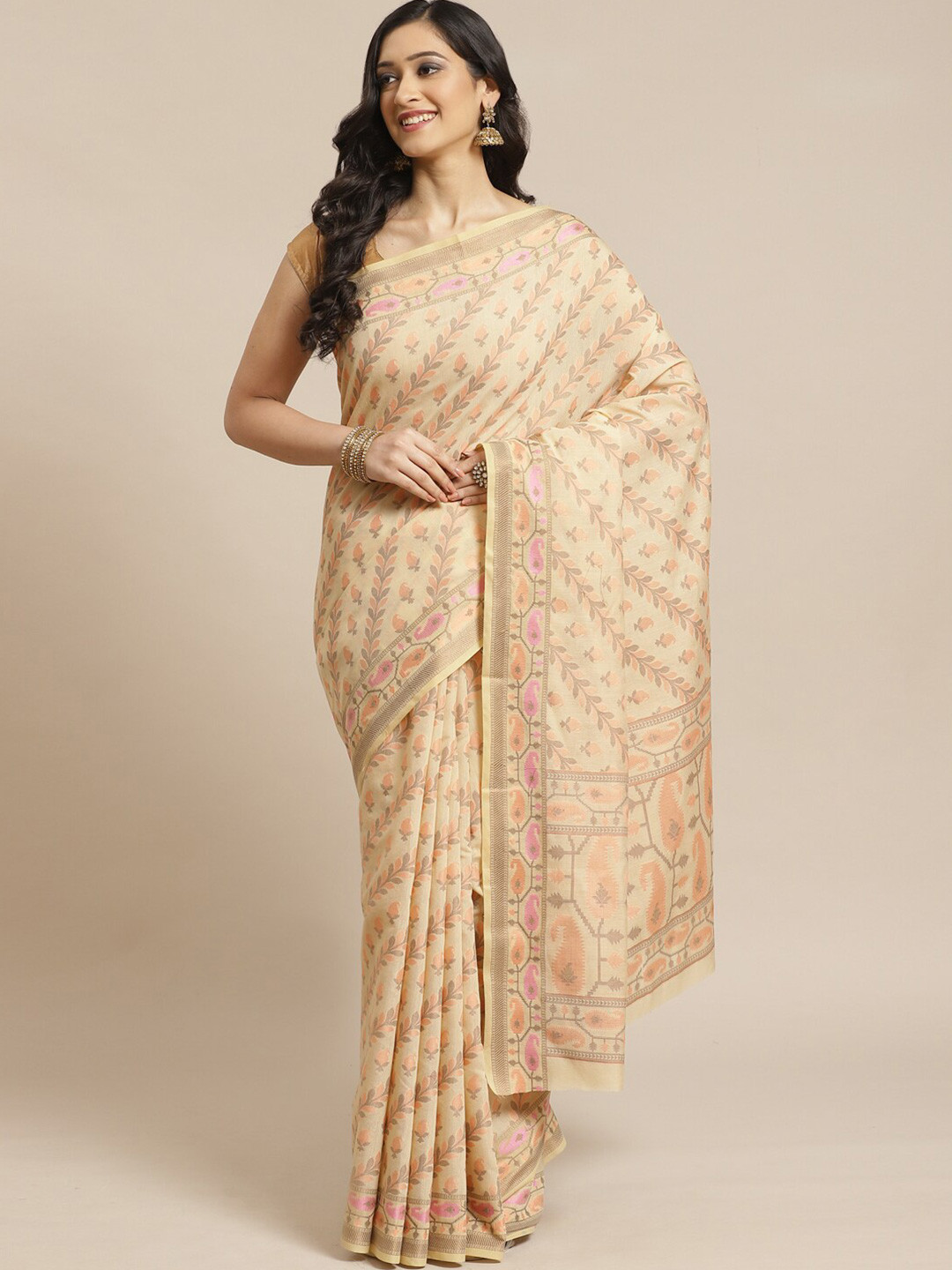 Saranee Beige & Pink Floral Banarasi Saree