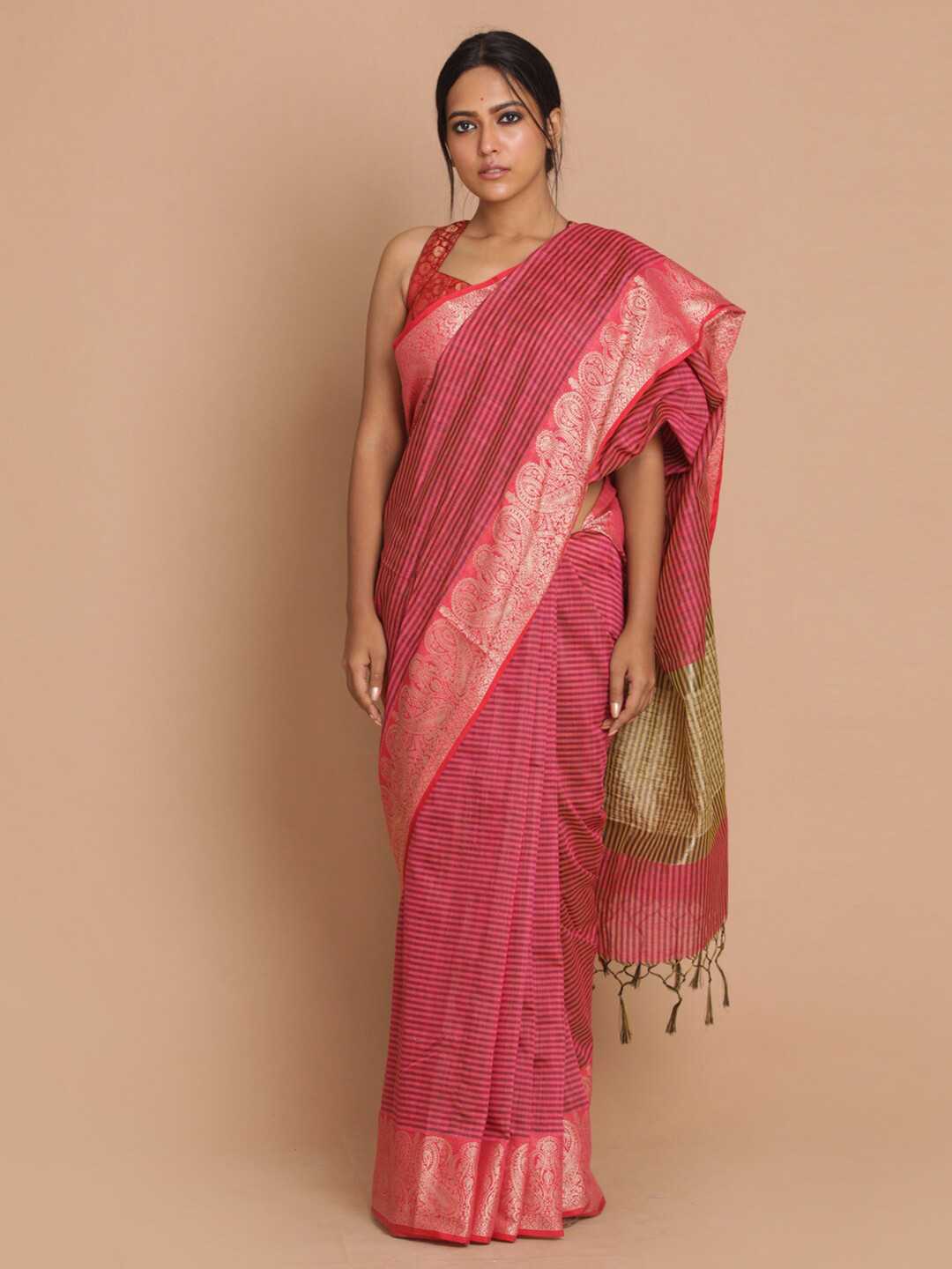Indethnic Magenta Striped Banarasi Saree