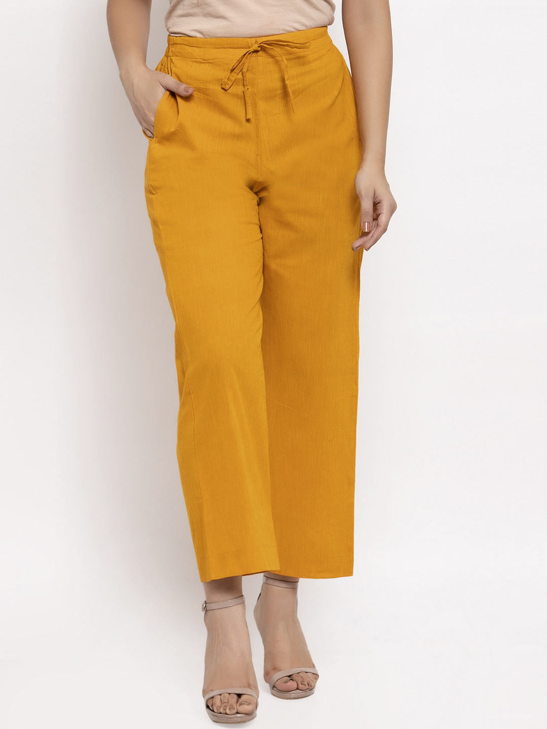 Enchanted Drapes Women Mustard Yellow Solid Straight Fit Trousers