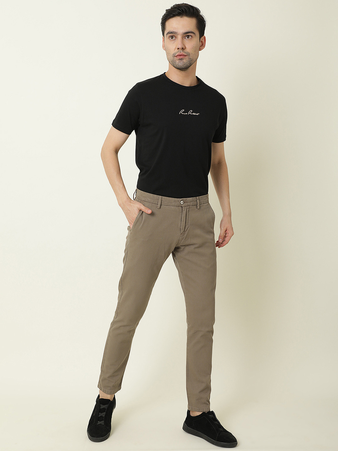 RARE RABBIT Men Brown Solid Slim Fit  Regular Trousers