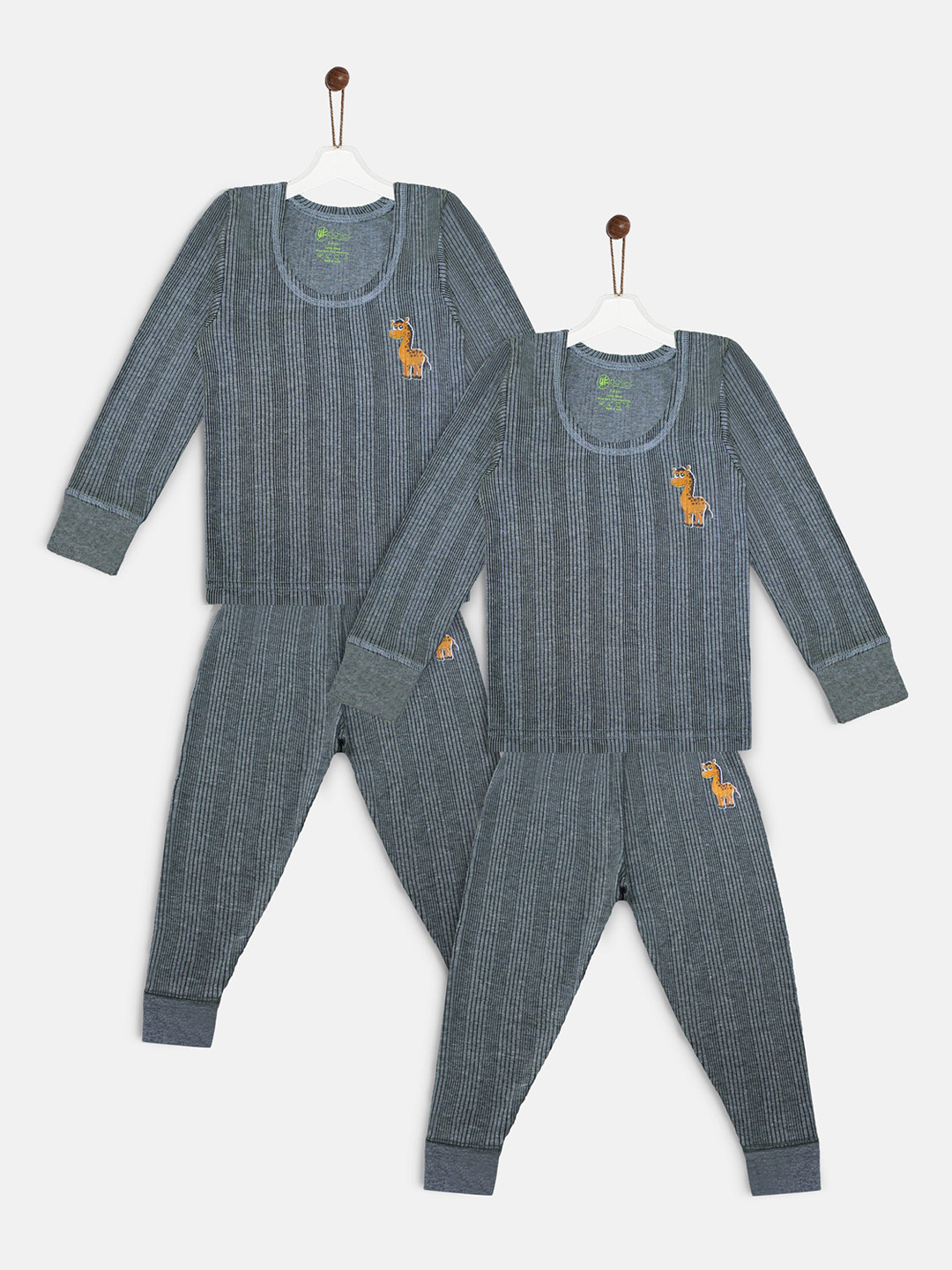 YK Basics Set Of 2 Kids Grey Striped Ribbed Thermal Set