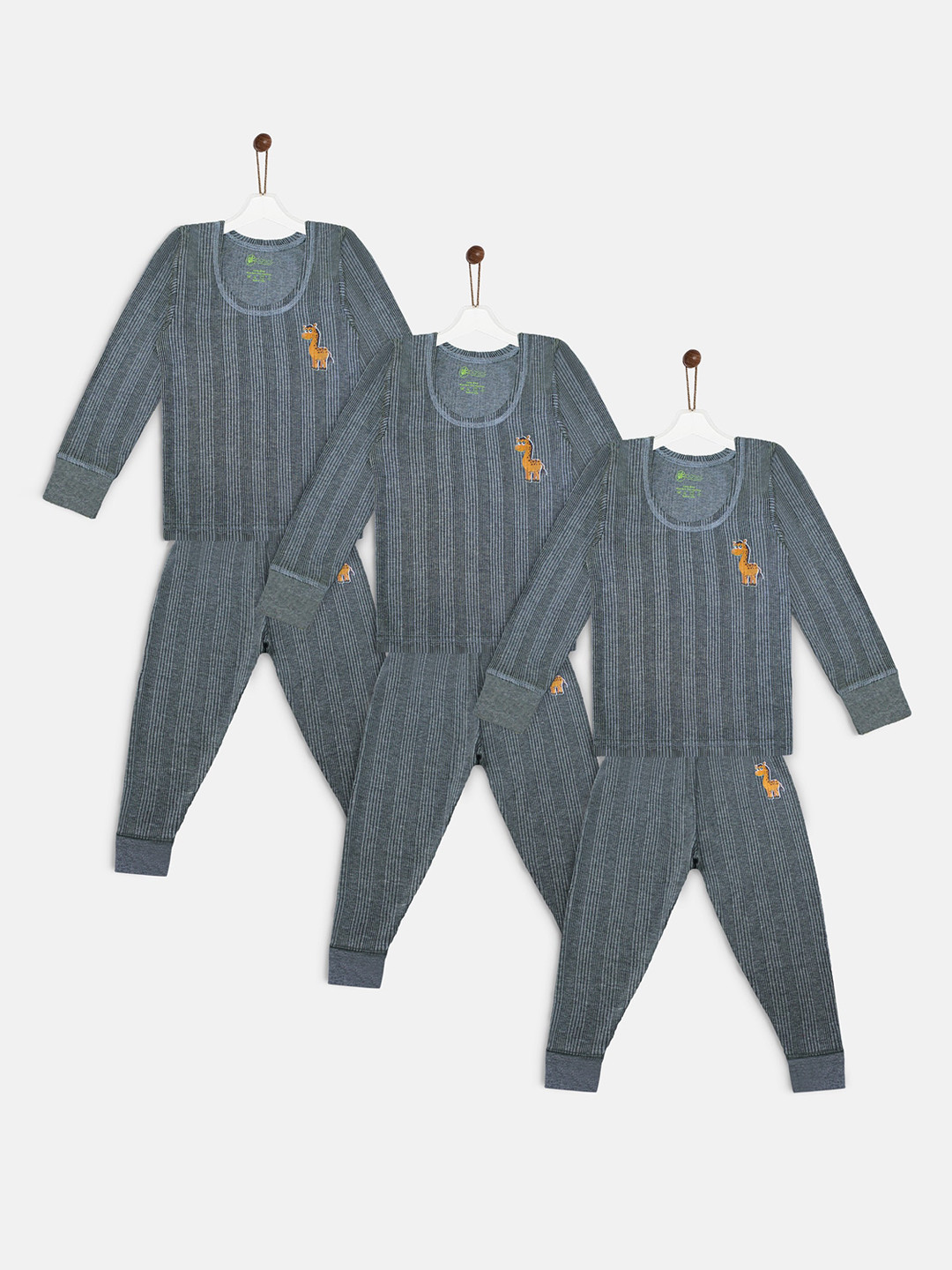 YK Basics Pack Of 3 Kids Grey Striped Thermal Set