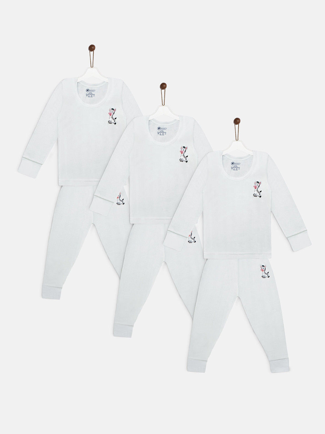 YK Basics Kids Pack Of 3 Off White Striped Animal Printed Ribbed Thermal Set