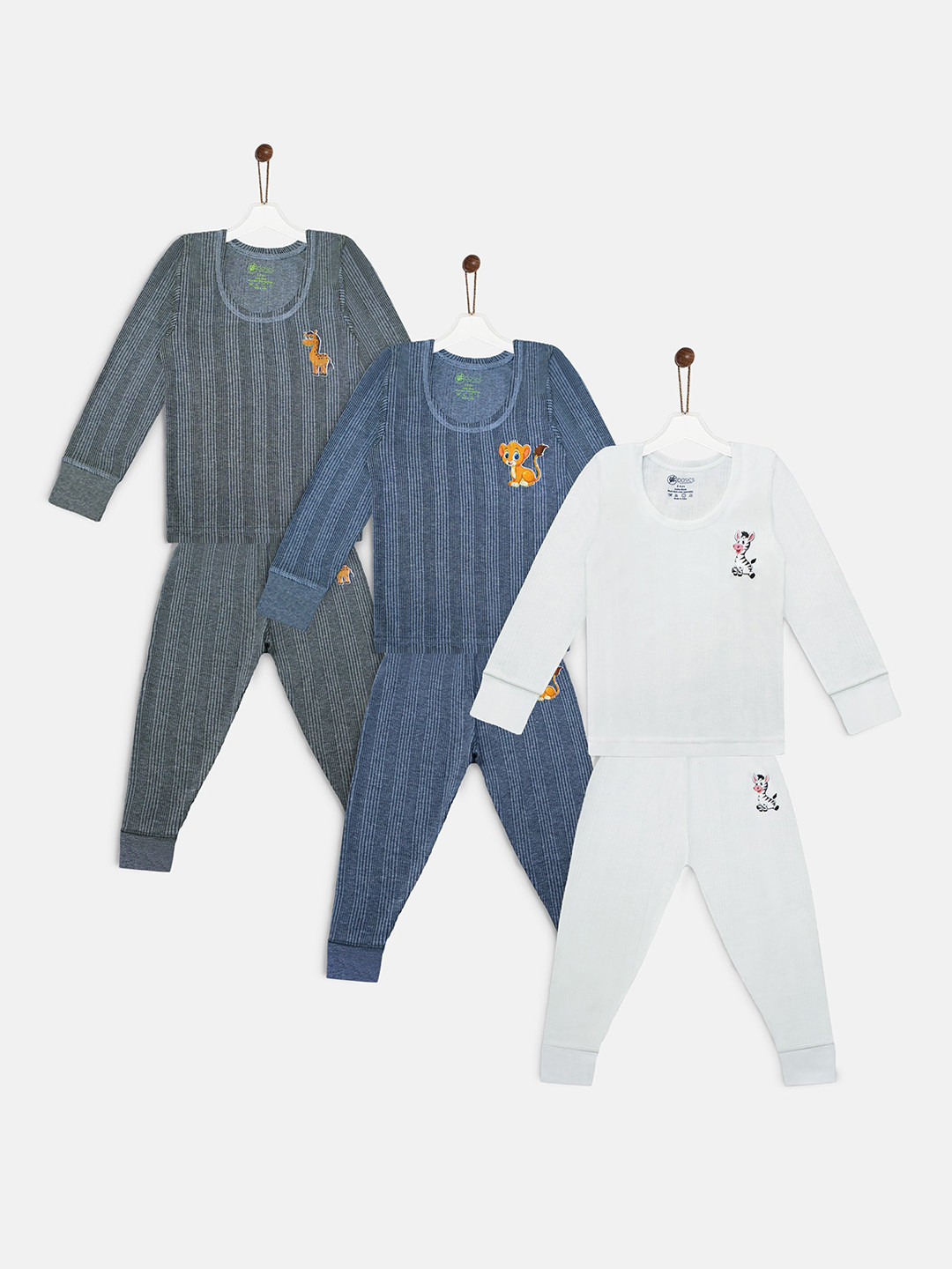 YK Basics Pack Of 3 Kids Striped Thermal Set