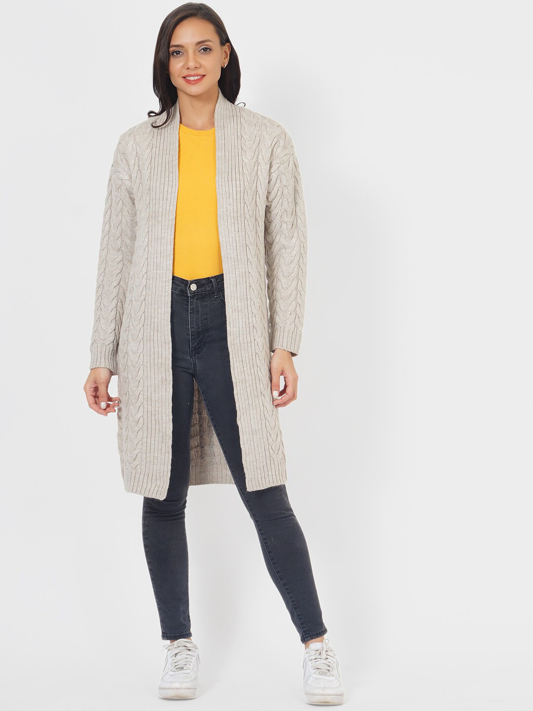 JoE Hazel Women Cream-Coloured Ribbed Longline Front-Open Shrug