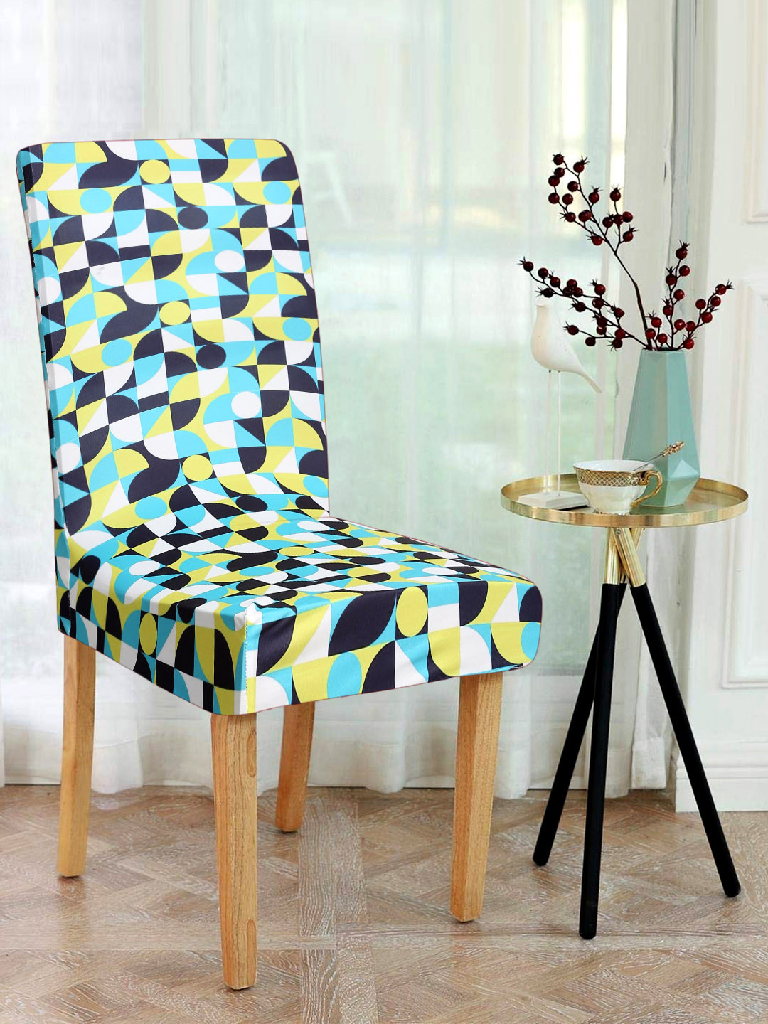Alina decor Set Of 6 Turquoise Blue & Black Printed Chair Covers