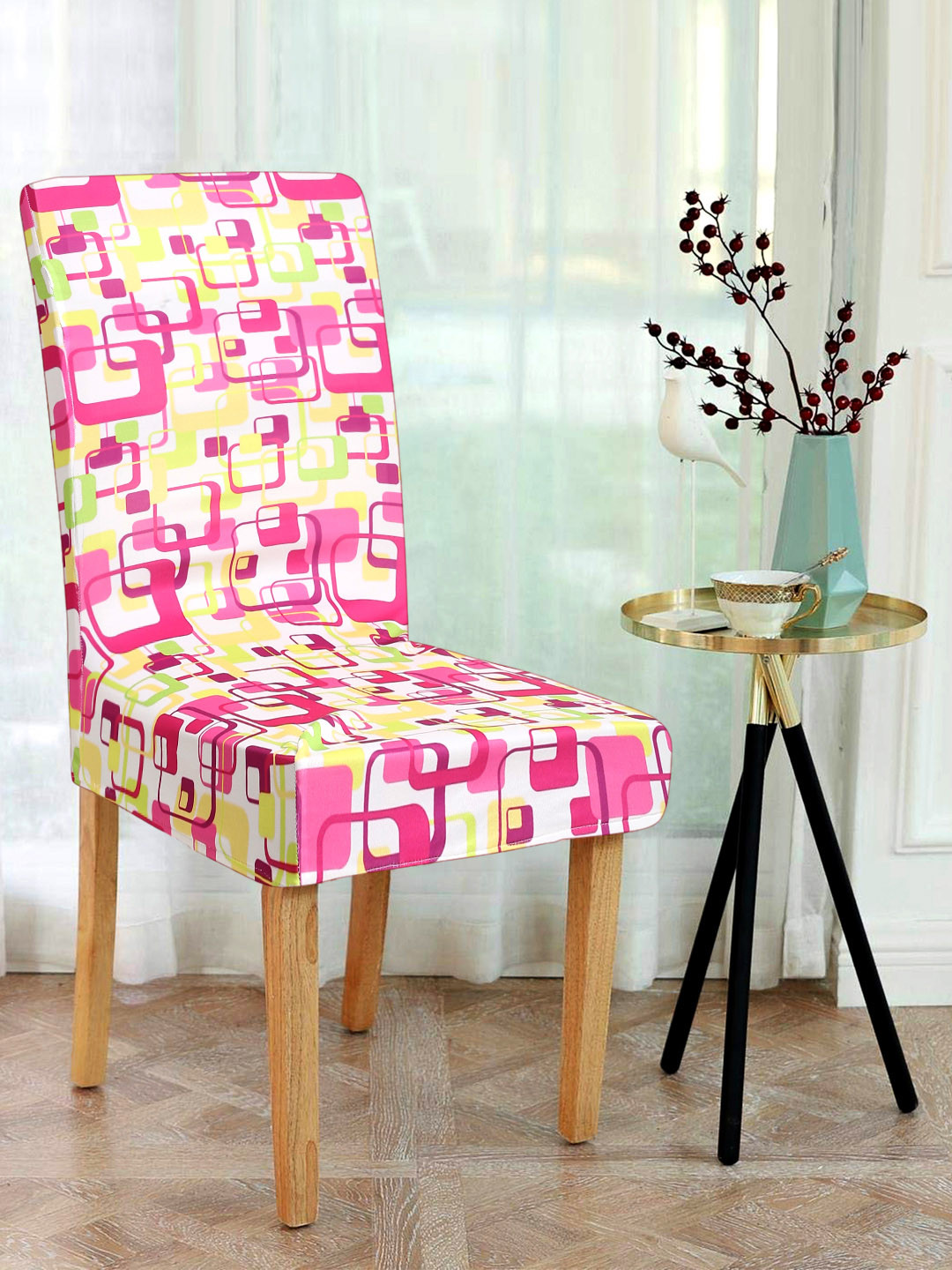 Alina decor Set of 6 Pink & Yellow Geometric Printed Chair Covers