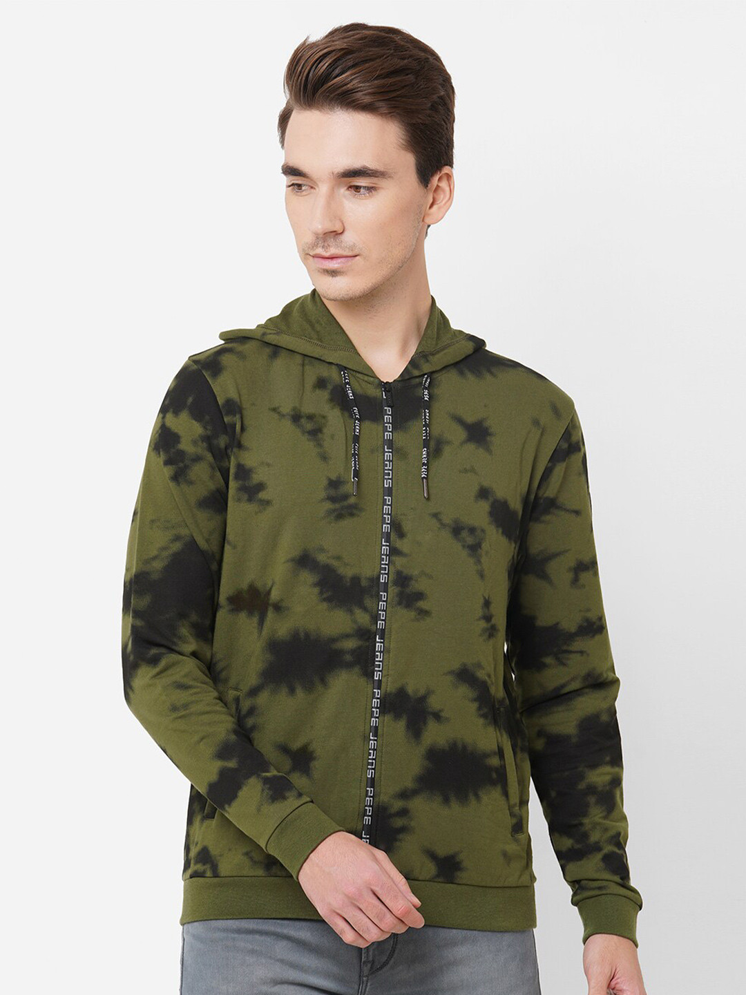Pepe Jeans Men Olive Green Tie Dye Zip Through Sweatshirt