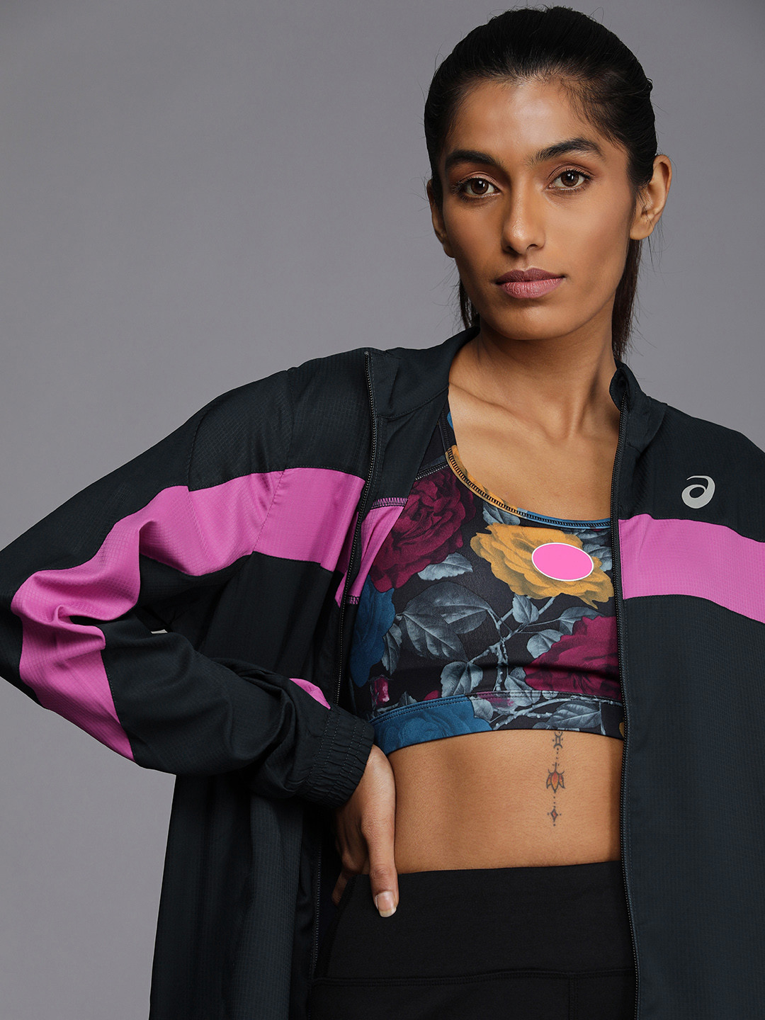ASICS Women Navy Blue & Pink Colourblocked Sporty Running Jacket