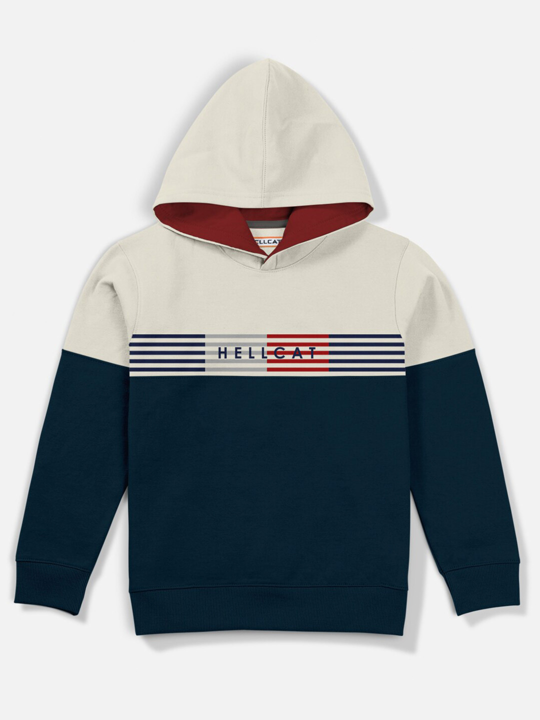 HELLCAT Boys Navy Blue Colourblocked Hooded Sweatshirt