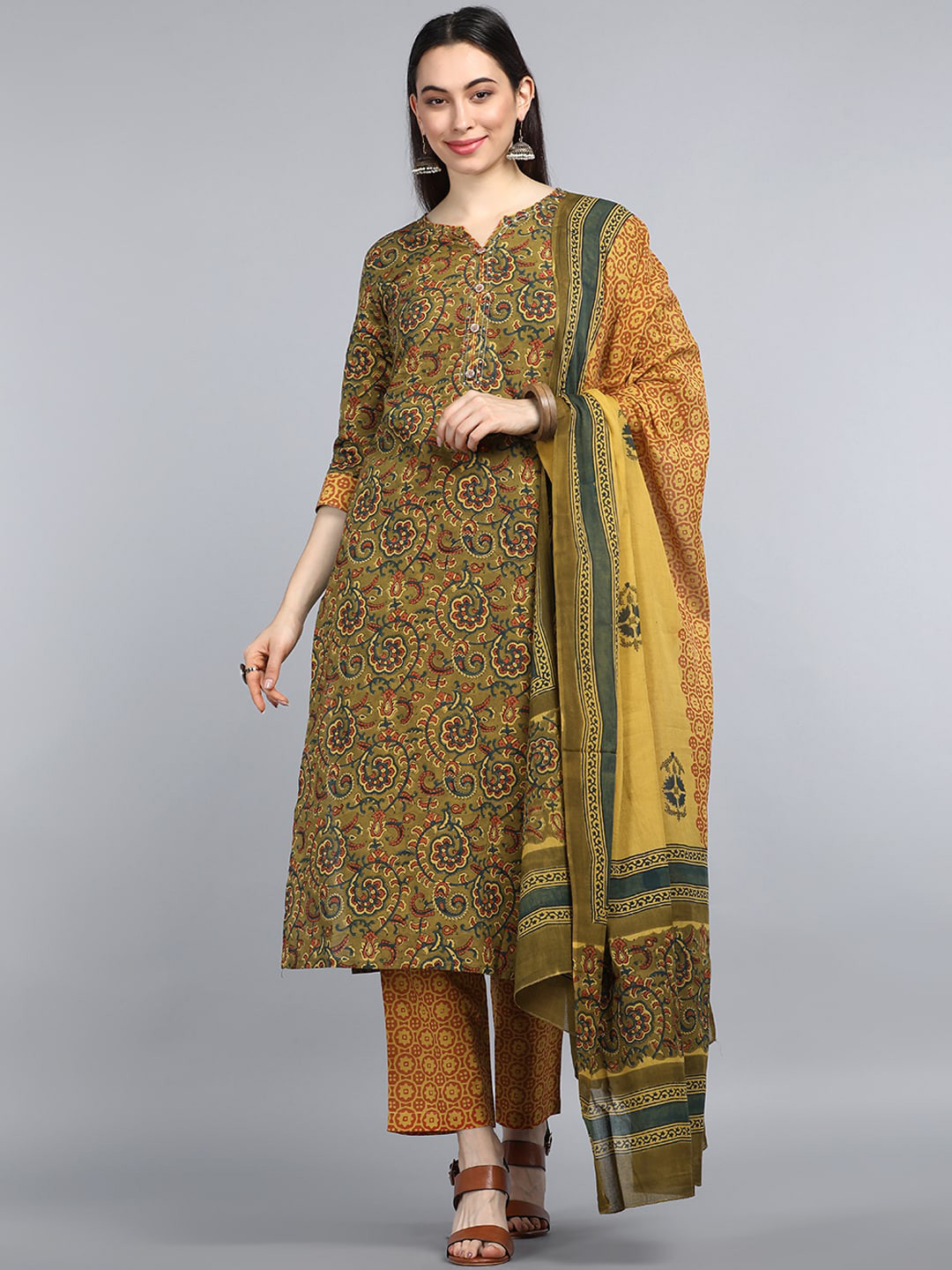 AHIKA Women Green & Yellow Floral Printed Pure Cotton Kurta with Trousers & Dupatta