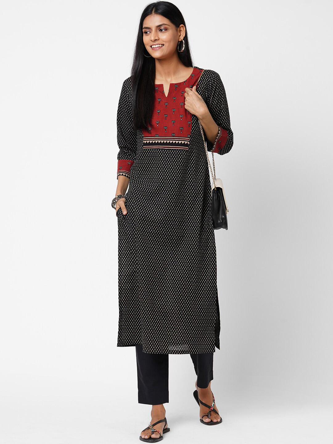 KAMI KUBI Women Black & Maroon Ajrakh Printed Mirror Work Pure Cotton Kurta