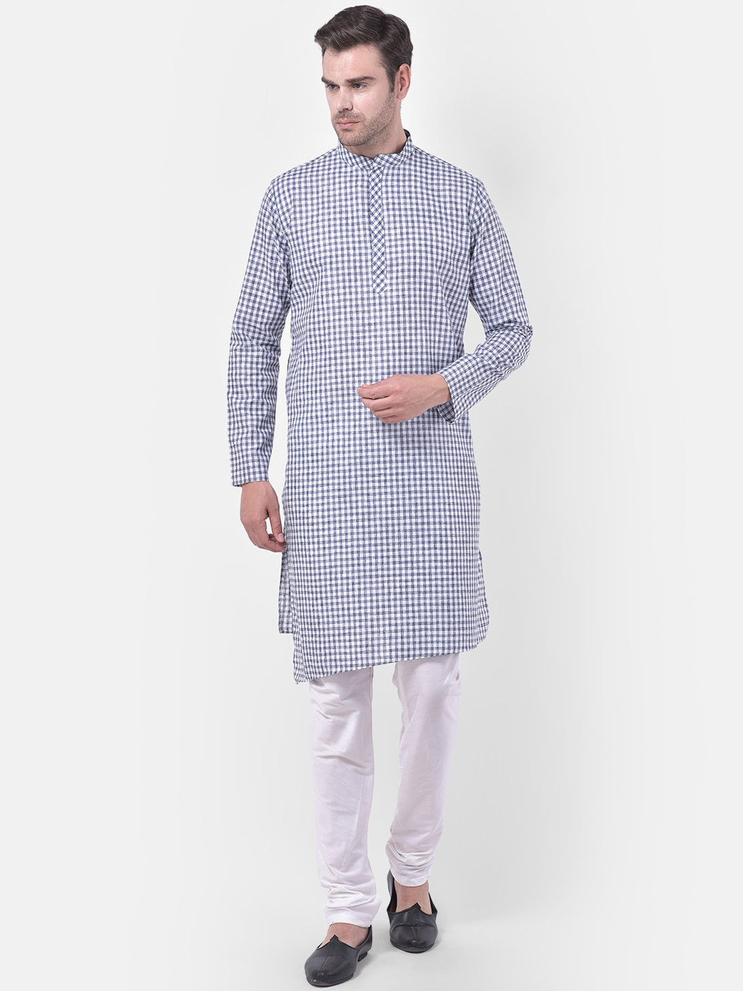 TABARD Men Blue Cotton Linen Checked Kurta with Pyjamas