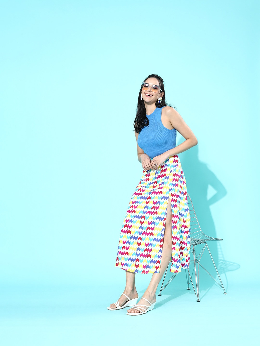 Berrylush Multicoloured Geometric Printed Polyester Crepe Casual Flared Midi A Line Skirt