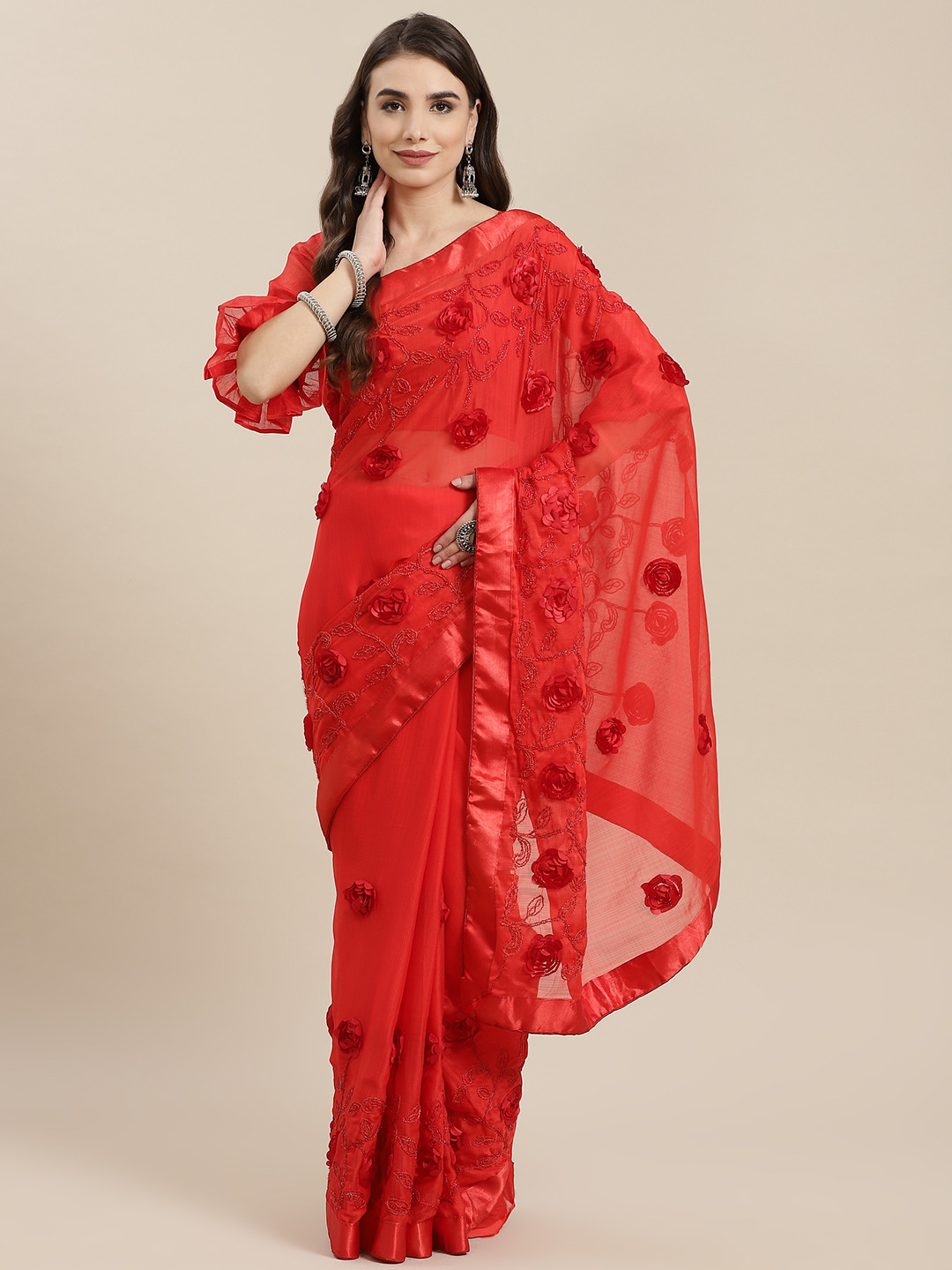 SERONA FABRICS Red Floral Embroidered Pure Chiffon Saree