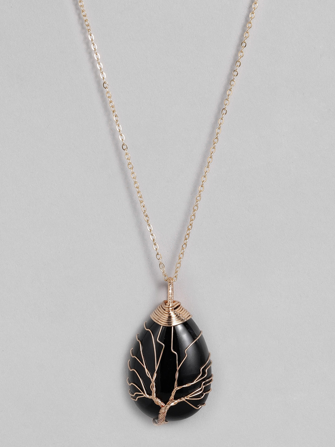 EL REGALO Black & Gold-Toned Tree of Life Teardrop Studded Handcrafted Link Necklace