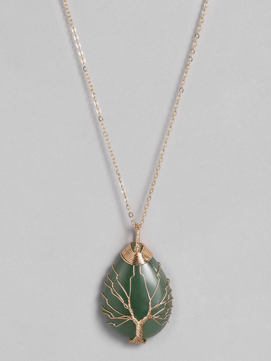 EL REGALO Green & Gold-Toned Tree of Life Teardrop Studded Handcrafted Link Necklace