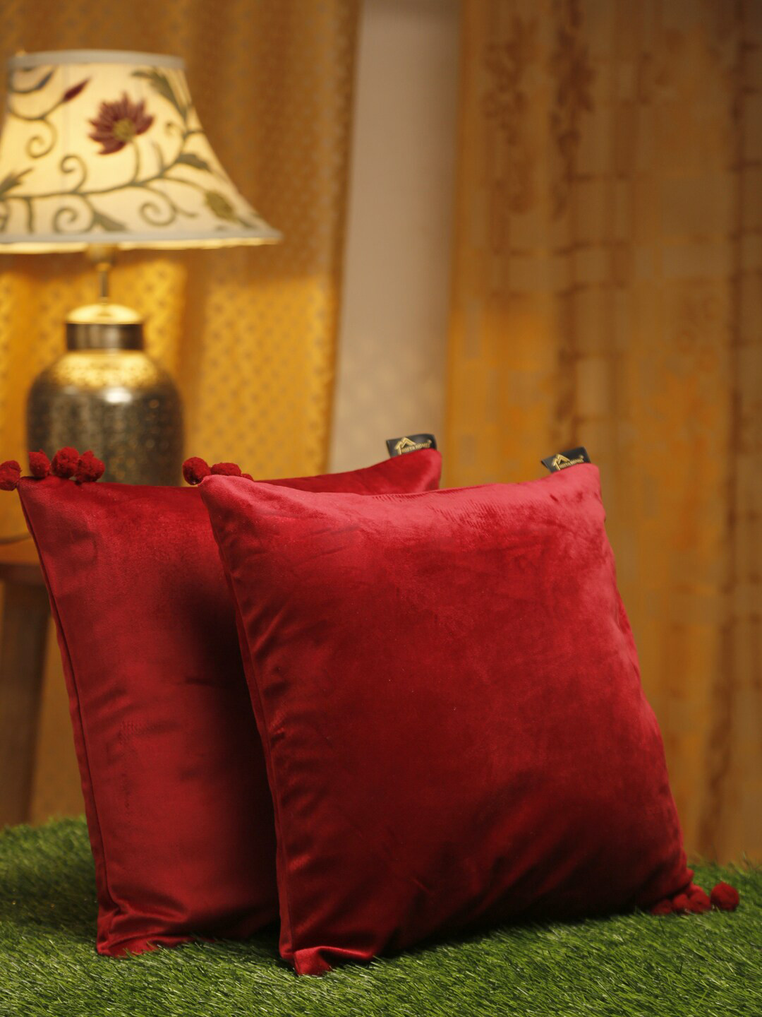 HOSTA HOMES Maroon Set of 2 Velvet Pom Pom Square Cushion Covers