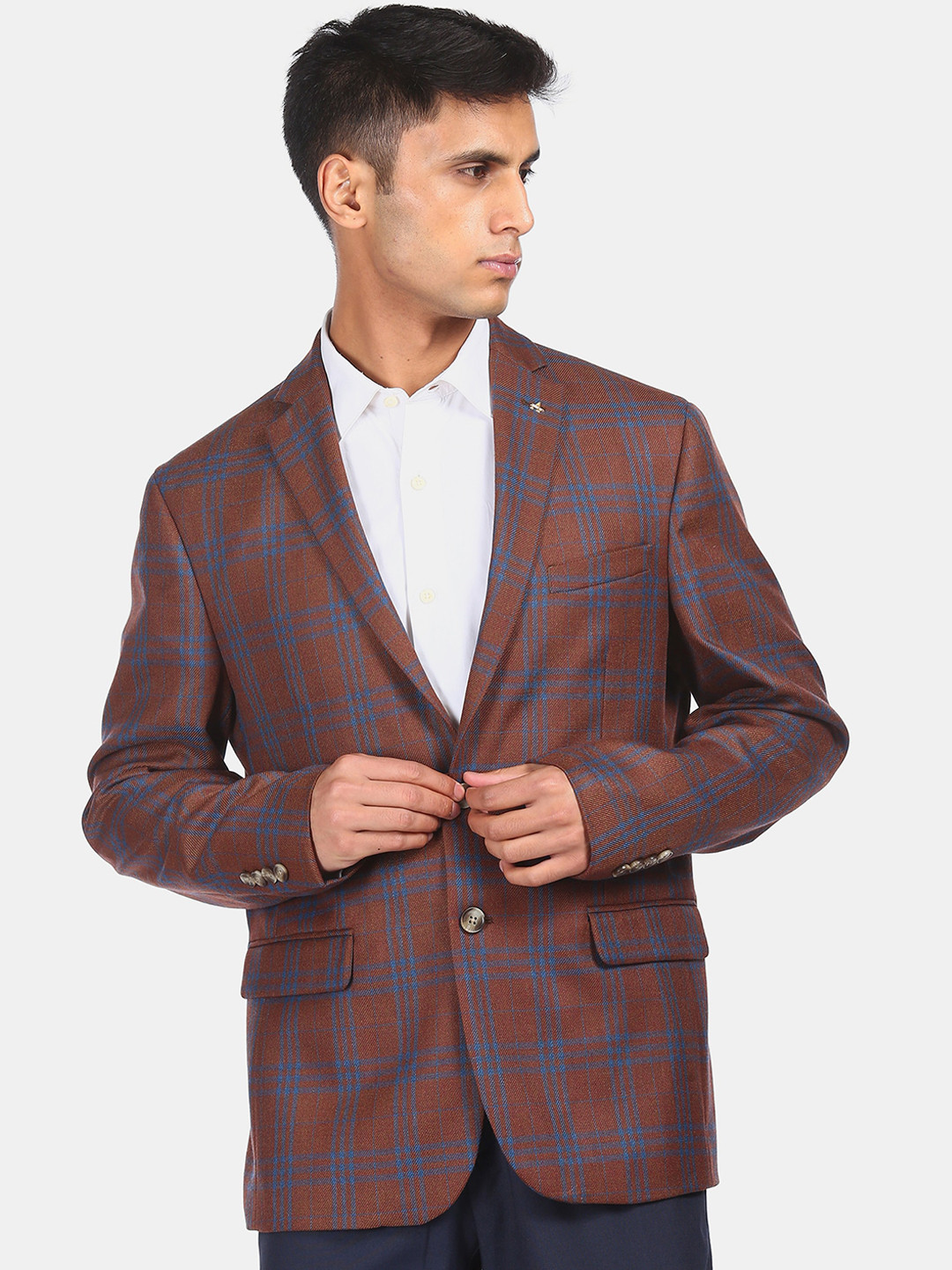 Arrow Men Brown & Blue Checked Single-Breasted Formal Blazer
