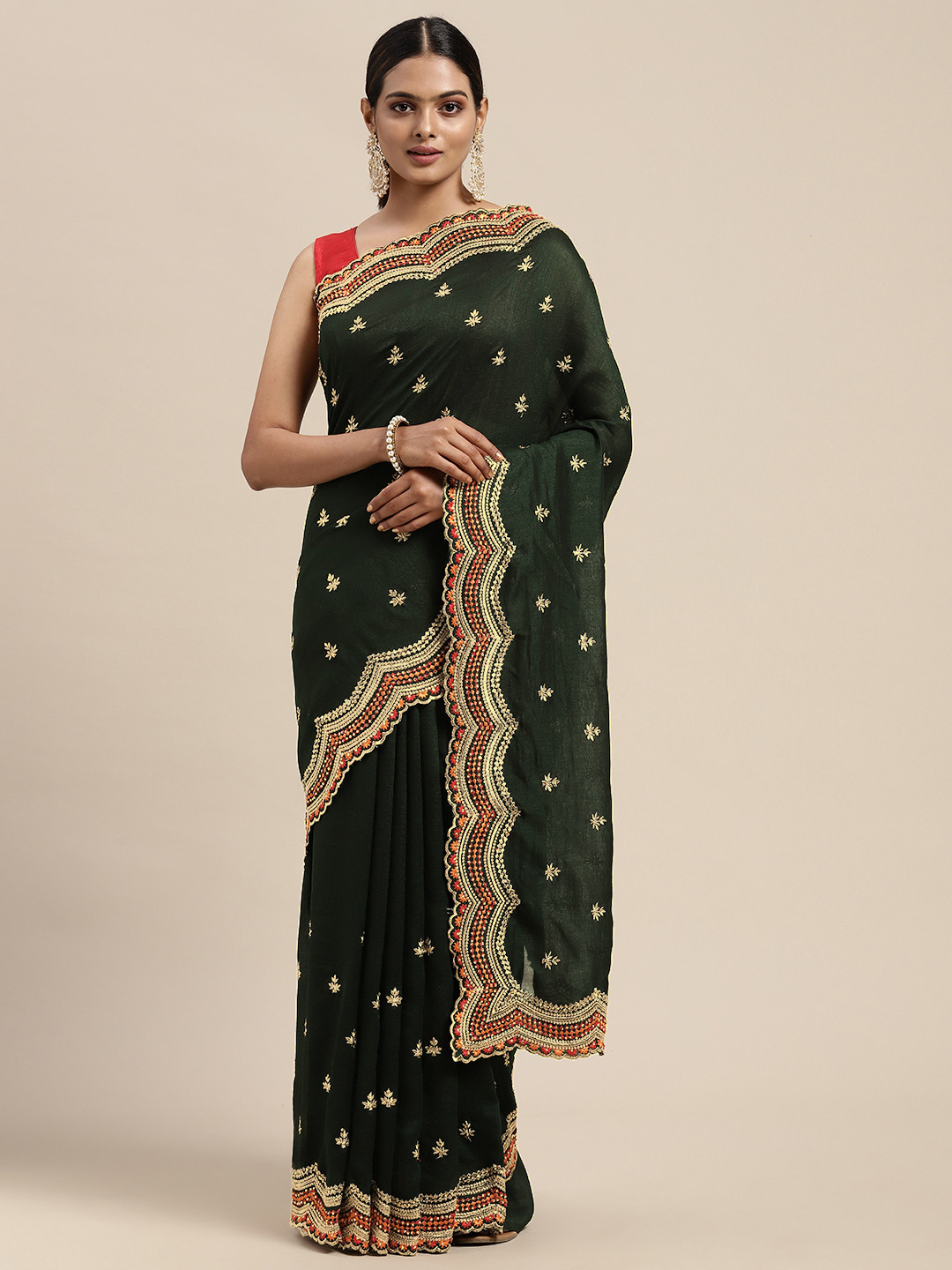 Mitera Green Embellished Beads and Stones Art Silk Saree