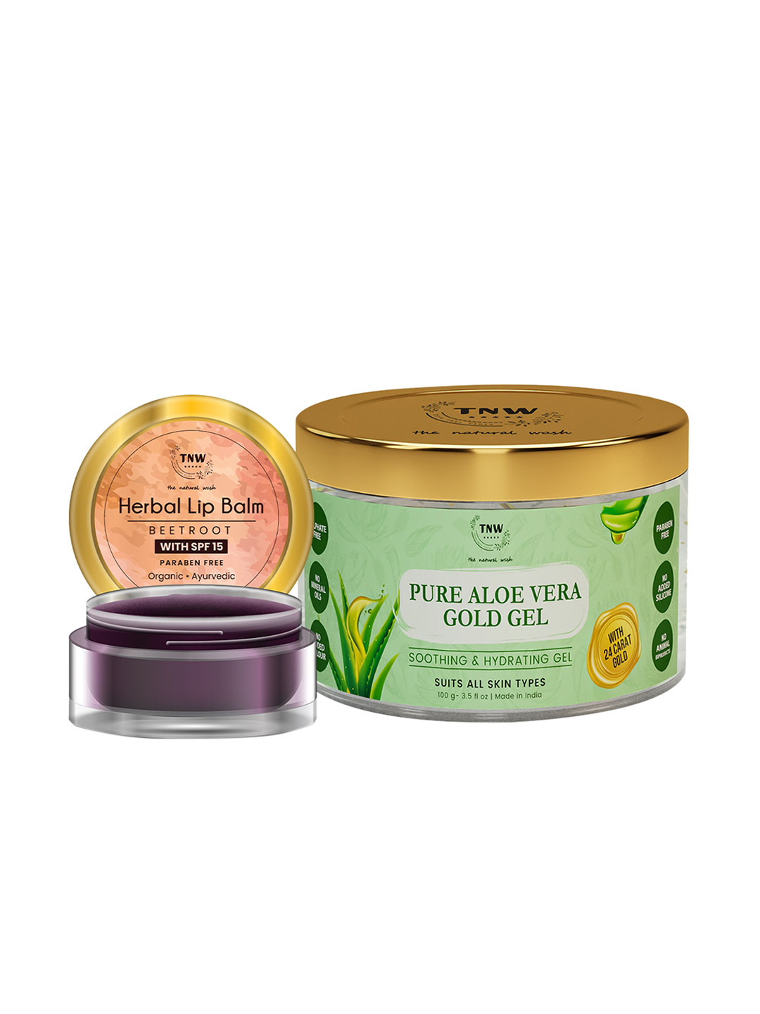 TNW the natural wash Green Set of 2 Beetroot Lip Balm & Pure Aloe Vera Gold Gel 100 g