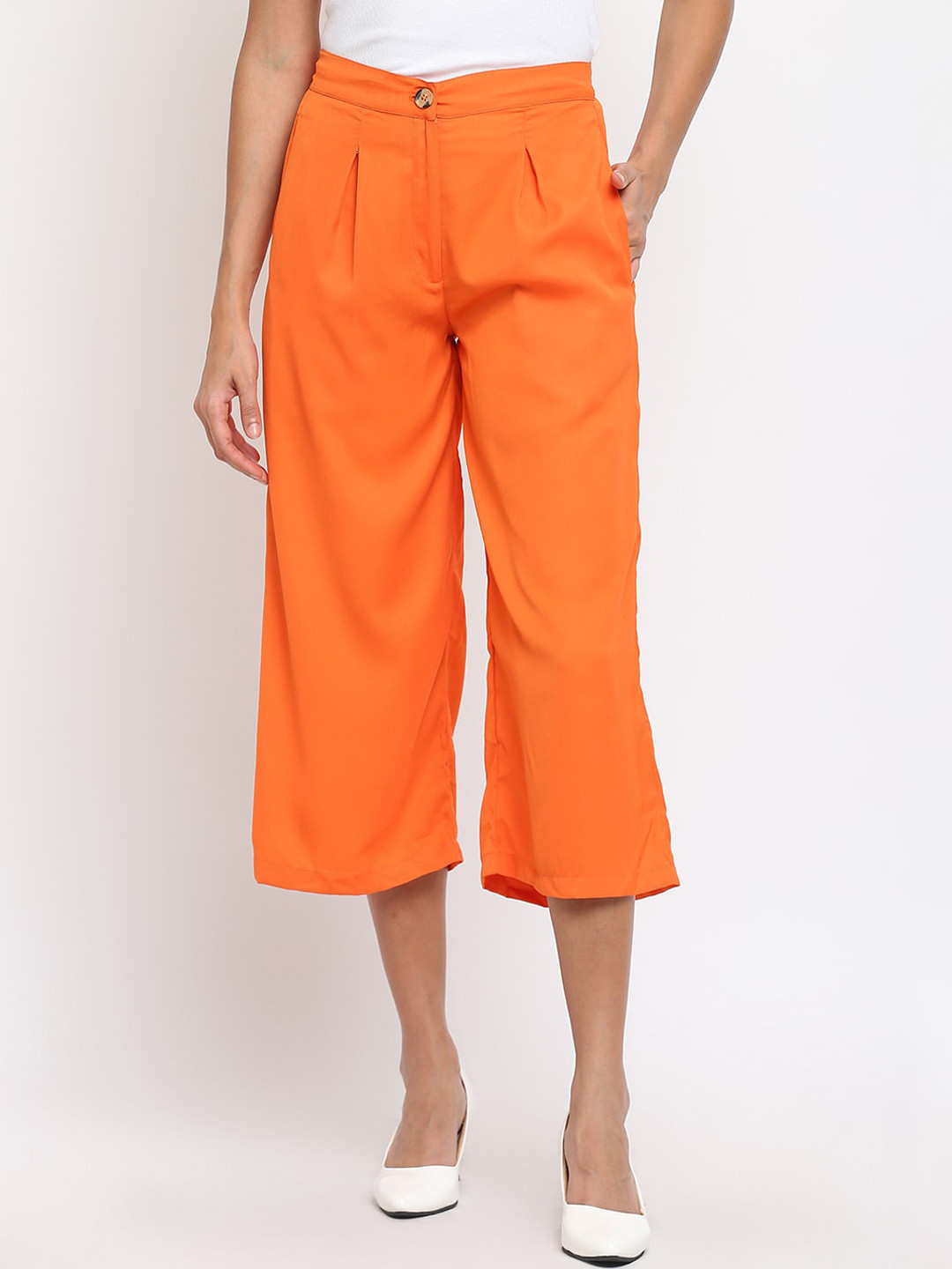 am ma Women Orange Pleated Culottes Trousers