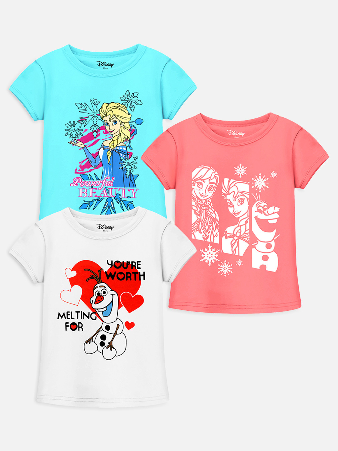YK Disney Pack Of 3 Blue & White Frozen Princess Printed Top
